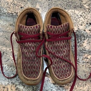 Burgundy and Tan Patterned Shoes